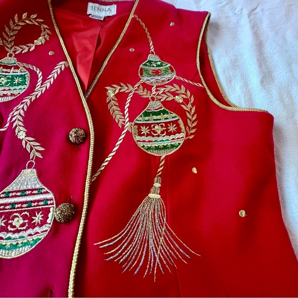 Jenna VTG 100% Wool Embroidered‎ Appliqué Christmas Ornament Button Vest Red L - Picture 10 of 16